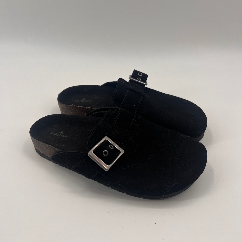 Staheekum Crescent Black Suede Slip On Clogs Womens Size 6 Water Repellent Mules